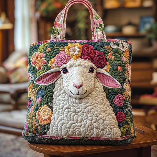 Sheep Floral Crown Quilted Tote
