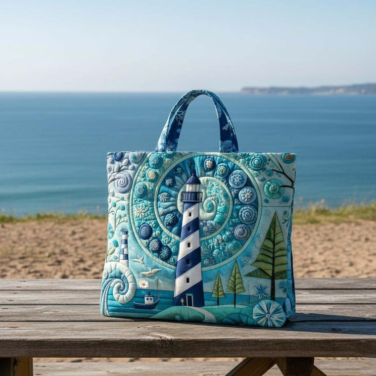 Lighthouse Ocean Waves Quilted Tote