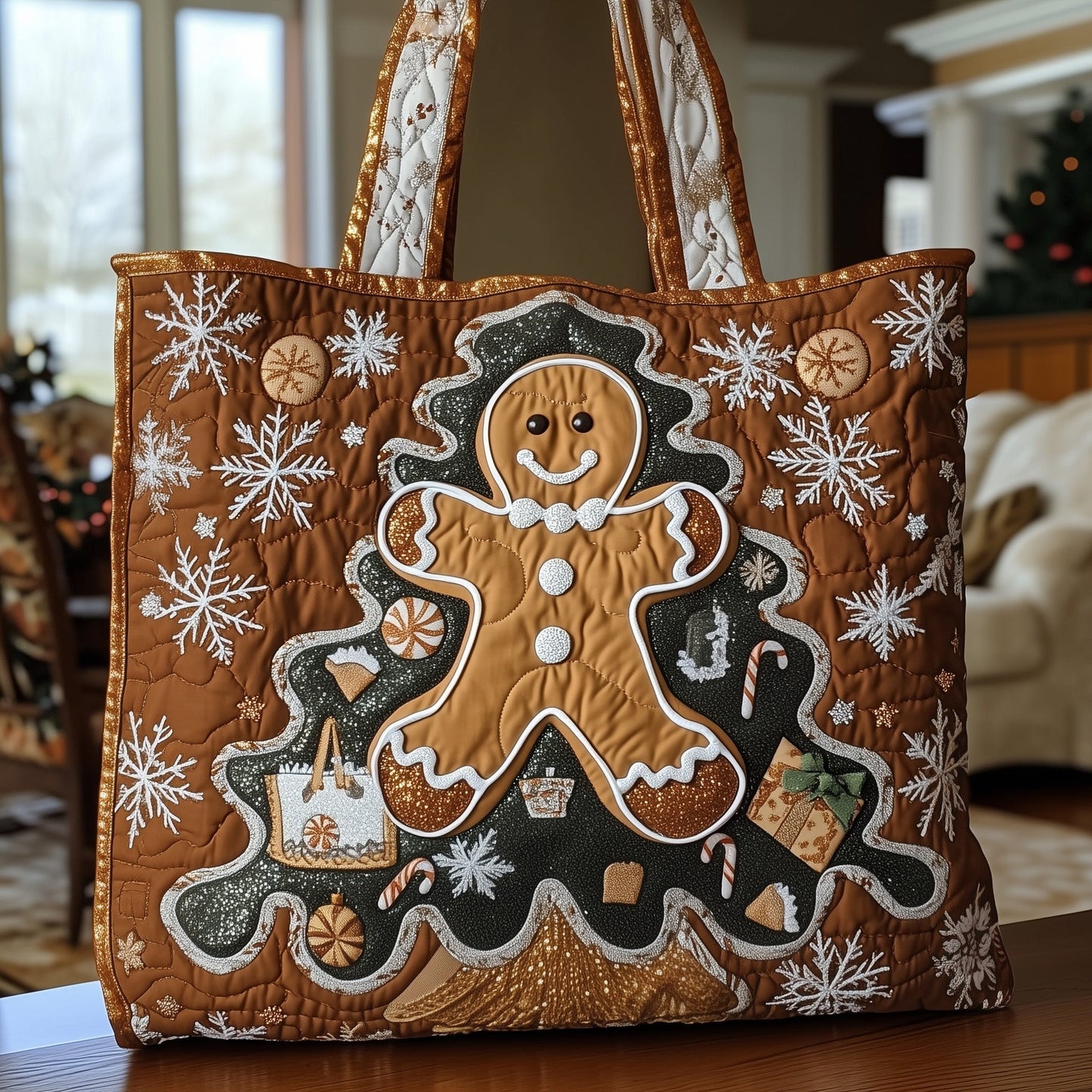 Gingerbread Man Snowflakes Quilted Tote