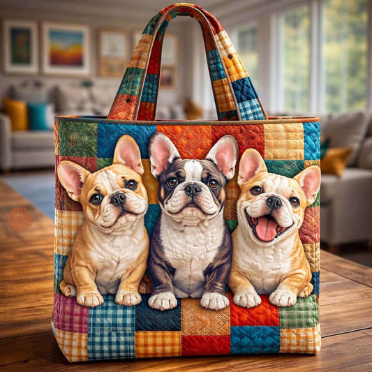 Three French Bulldogs Quilted Tote