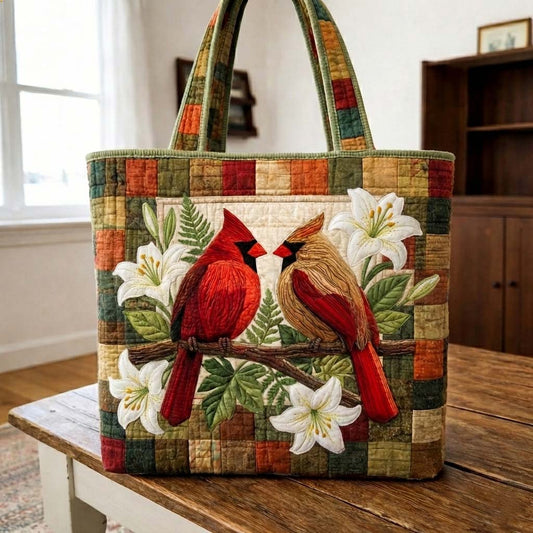 Cardinal Birds Lilies Quilted Tote