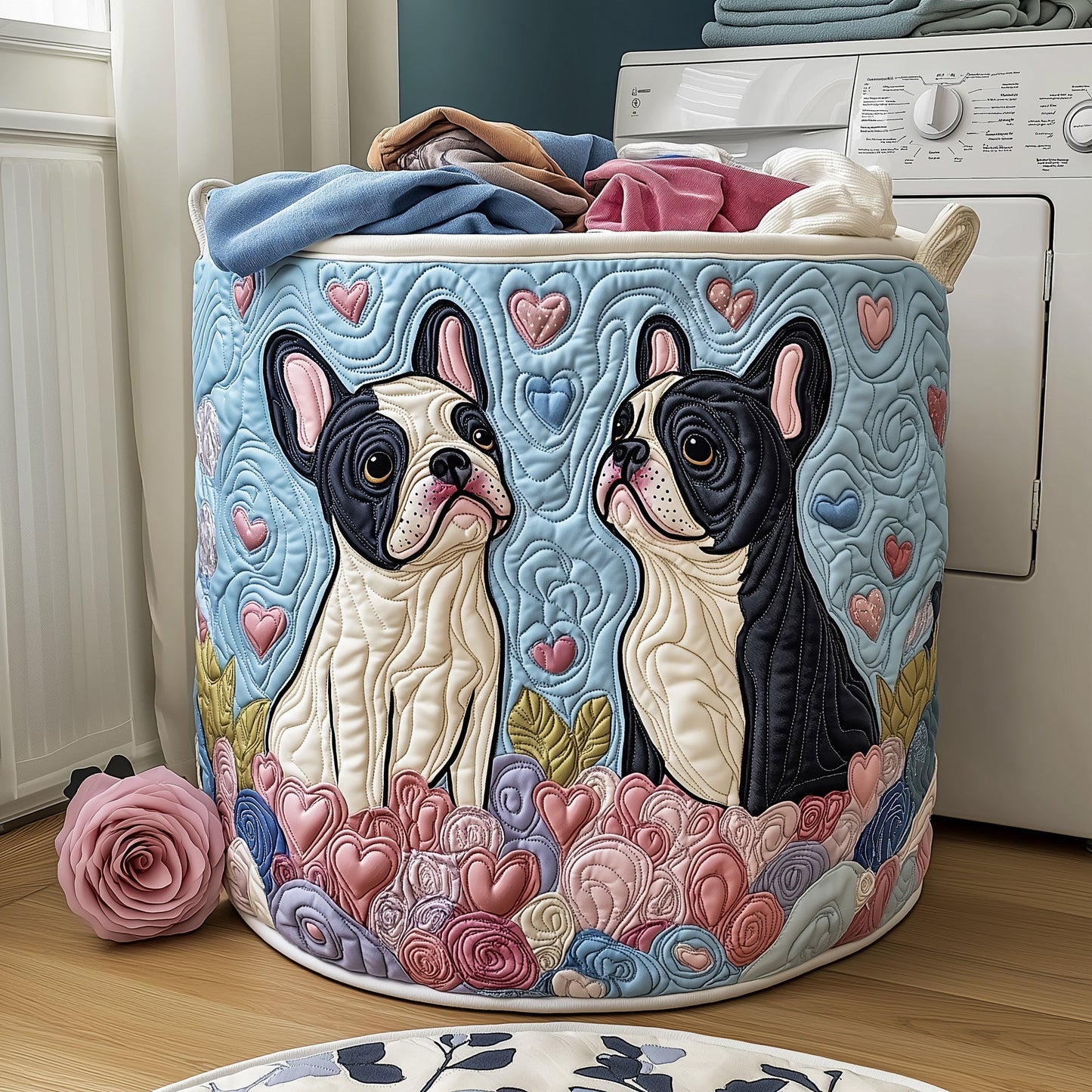 The Bulldog Couple Quilted Laundry Basket Tote