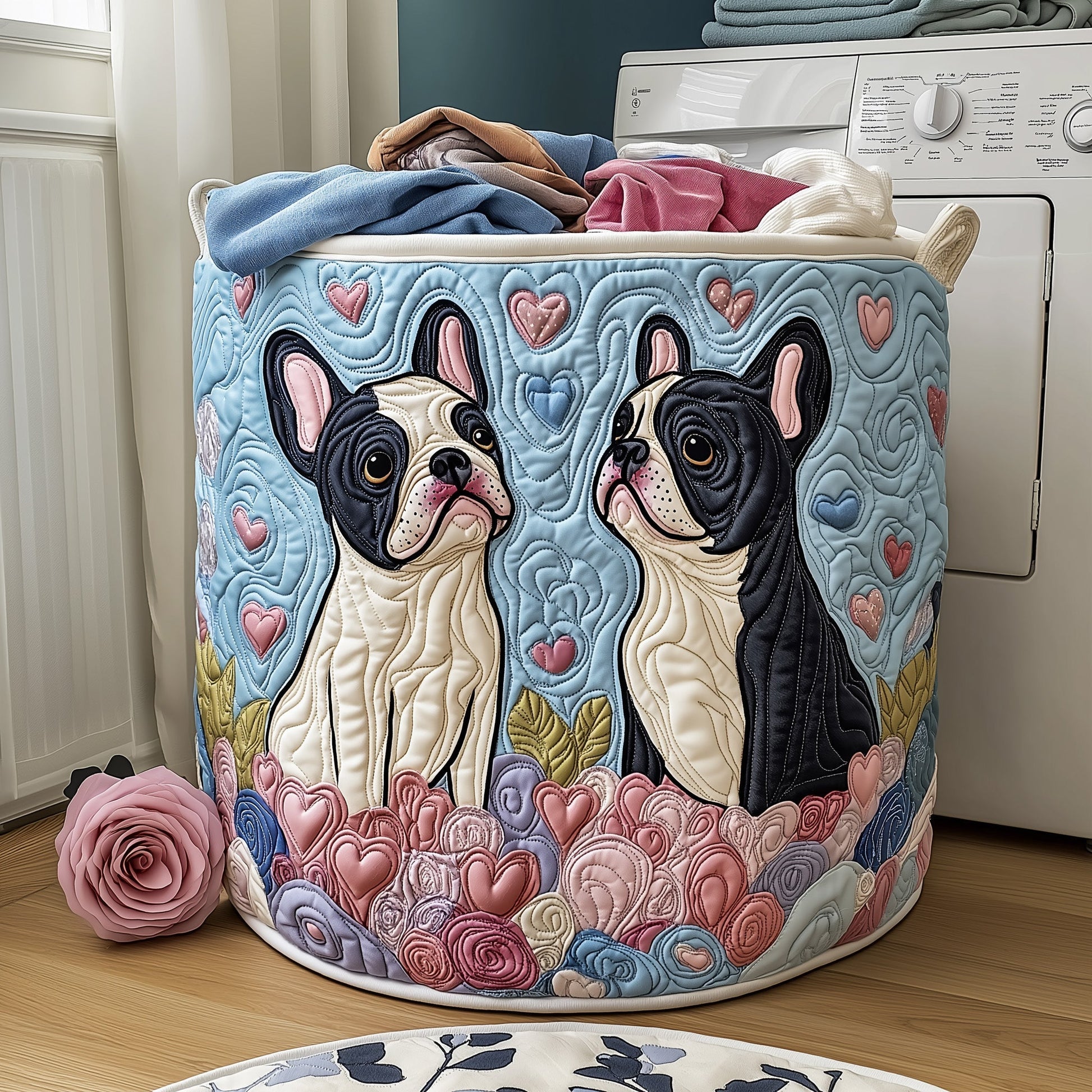 The Bulldog Couple Quilted Laundry Basket Tote