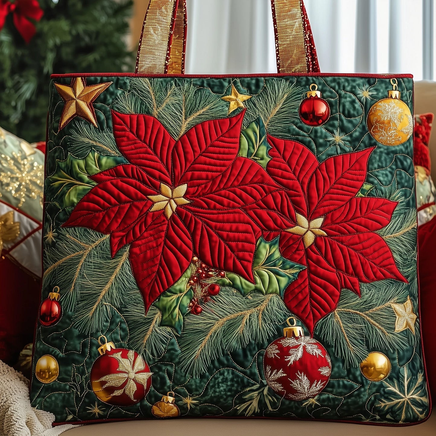 Everyday Poinsettia Christmas Quilted Tote