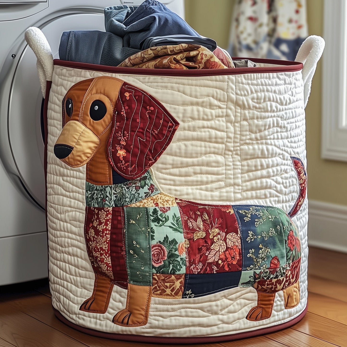 The Floral Dachshund Quilted Laundry Basket Tote