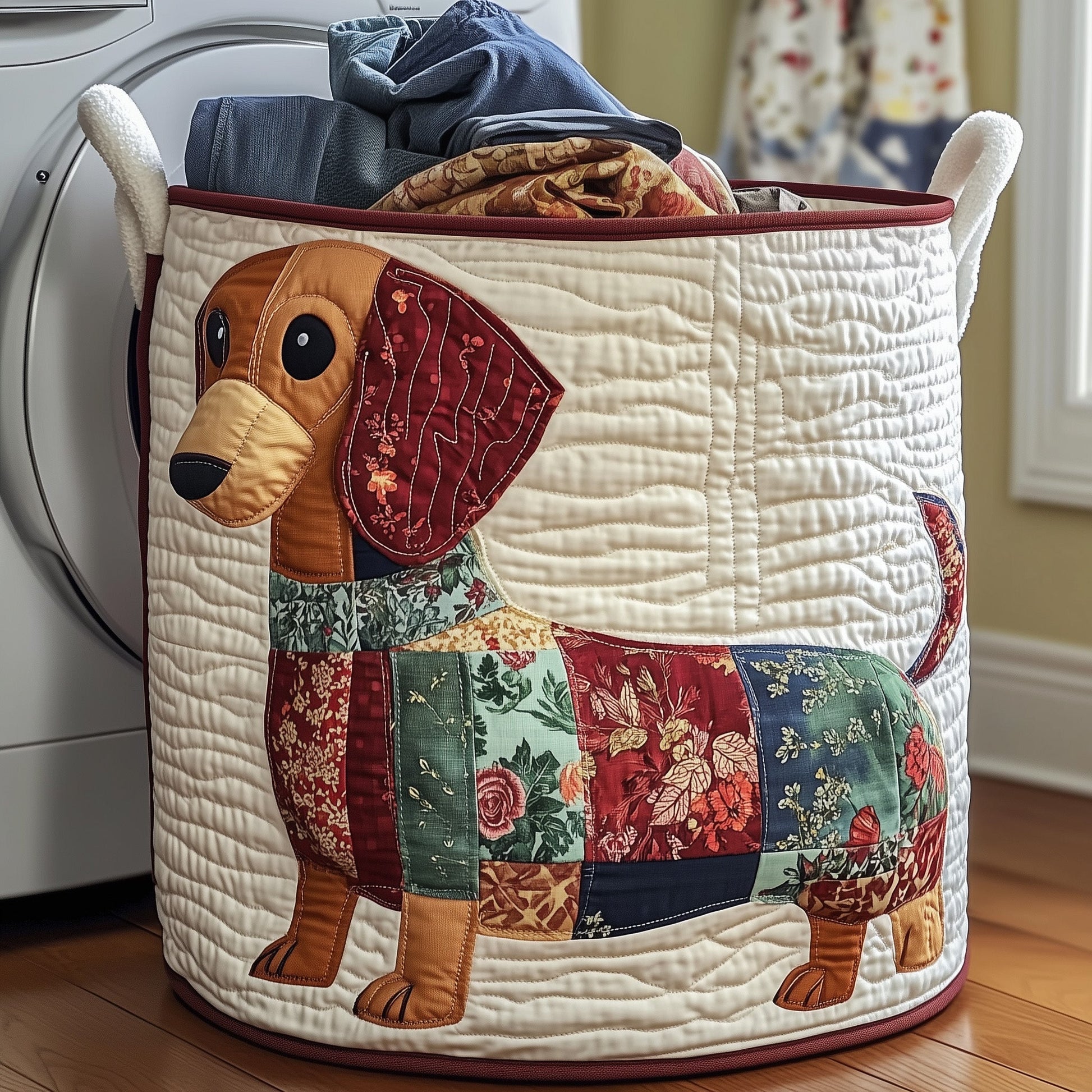 The Floral Dachshund Quilted Laundry Basket Tote