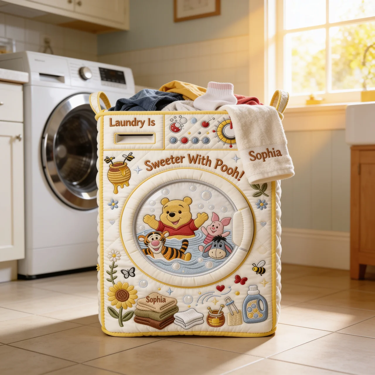 Laundry Is Sweater With Honey Bear - Personalized Quilted Laundry Basket - NSK10116