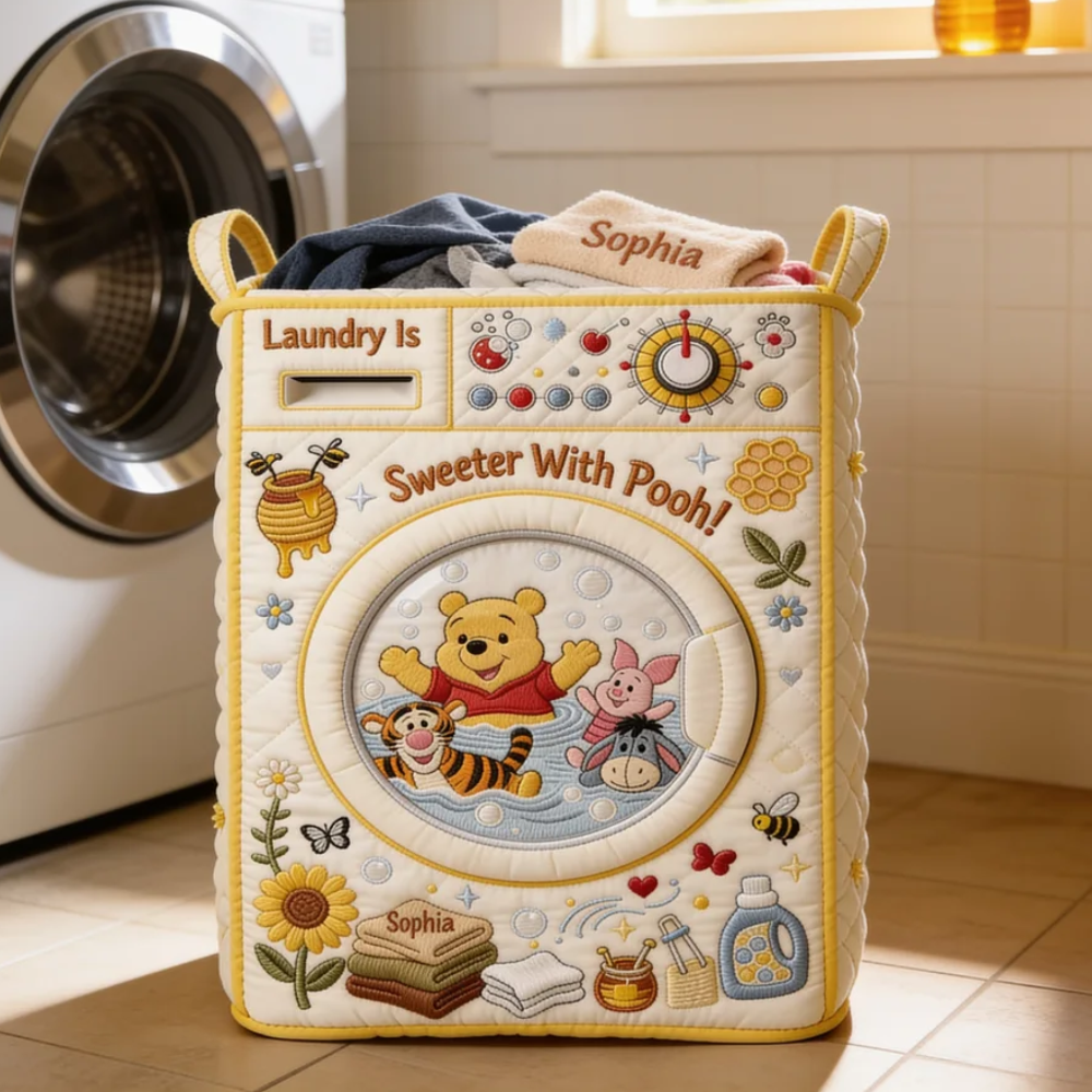 Laundry Is Sweater With Honey Bear - Personalized Quilted Laundry Basket - NSK10116