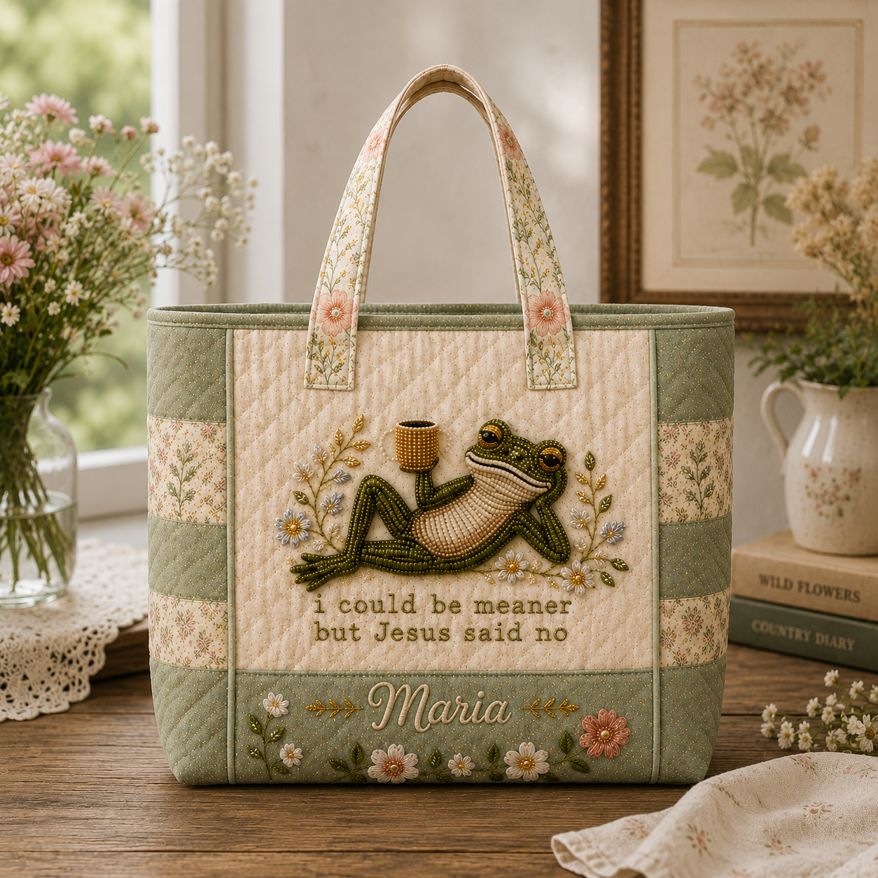 Funny Christian Frog - Personalized Quilted Tote Bag - NSK10082