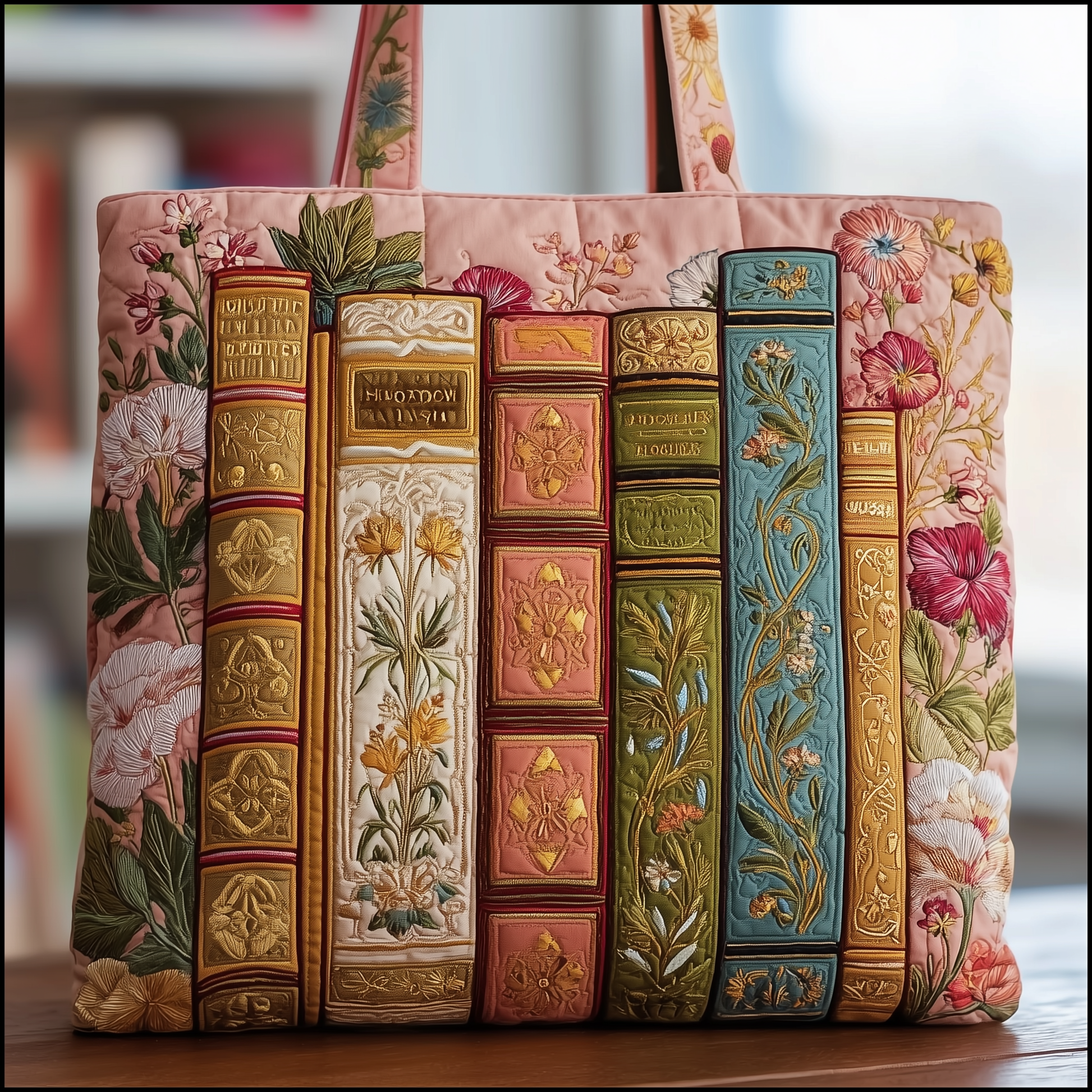 Stack Of Books Floral Quilted Tote