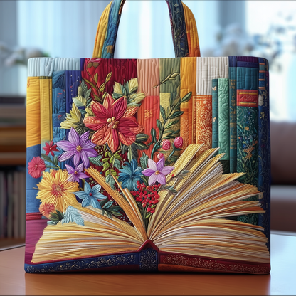 Open Book Flowers Quilted Tote