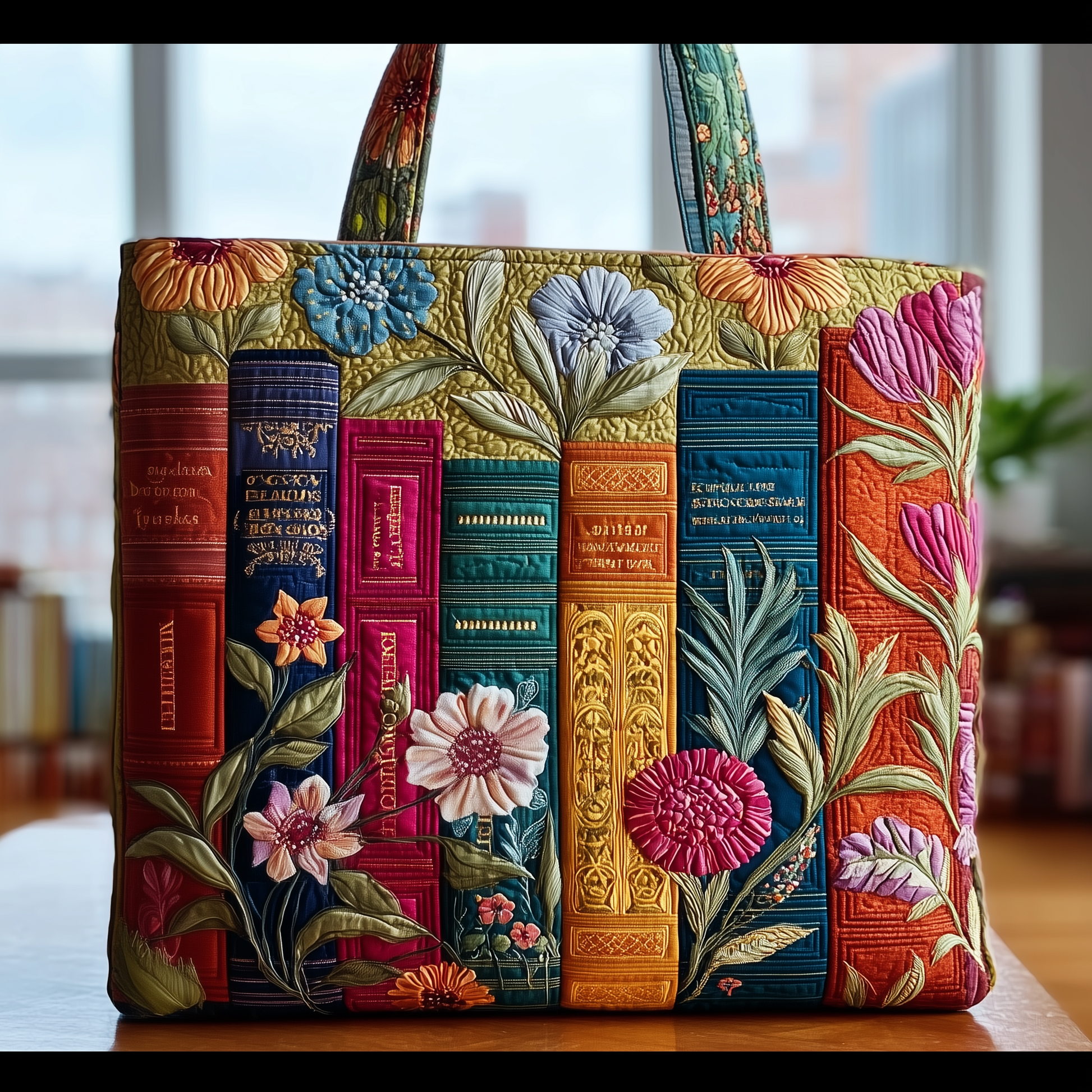 Colorful Books Flowers Quilted Tote