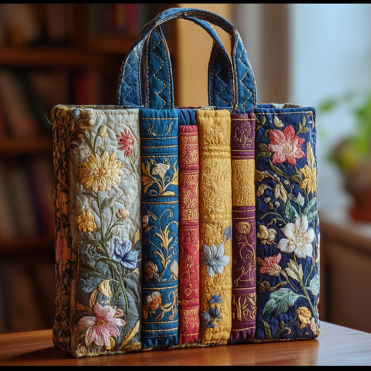 Stacked Books Embroidery Quilted Tote
