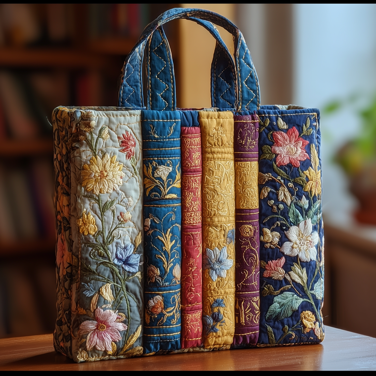 Stacked Books Embroidery Quilted Tote