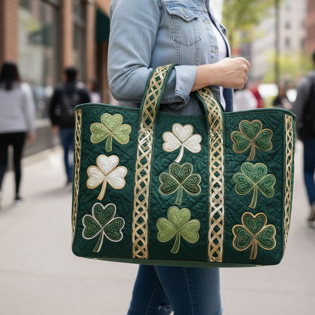 Irish Shamrocks Celtic Knot Quilted Tote