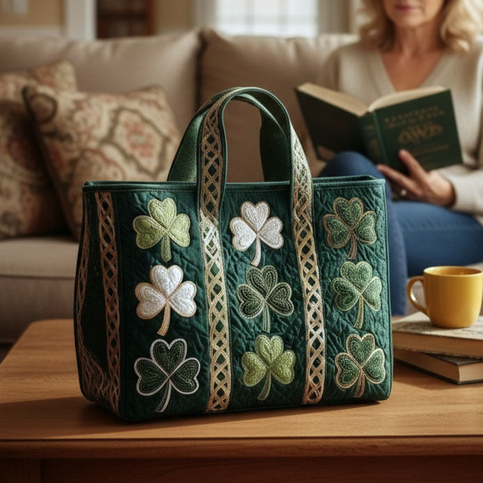 Irish Shamrocks Celtic Knot Quilted Tote