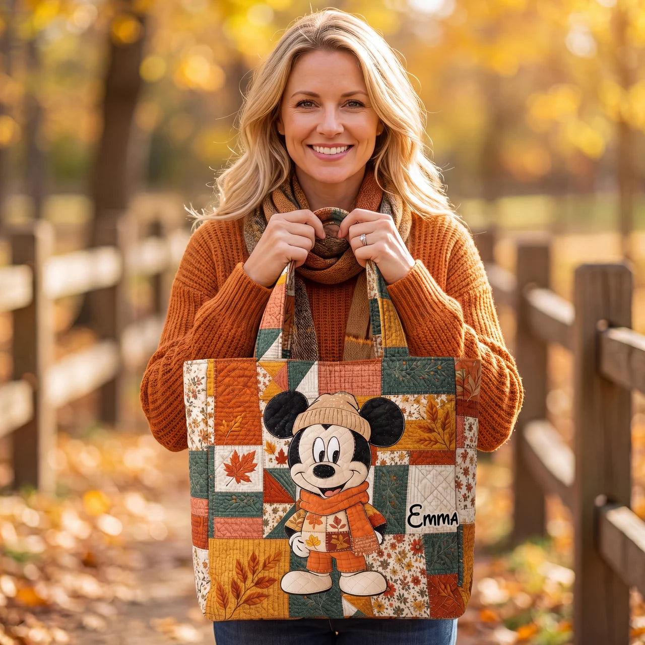 Happy Mouse Autumn Vibes - Personalized Quilted Tote Bag - NSK10079