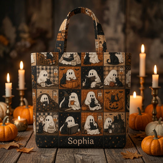 Black Cat Halloween Cute Ghost - Personalized Quilted Tote Bag - NSK10089