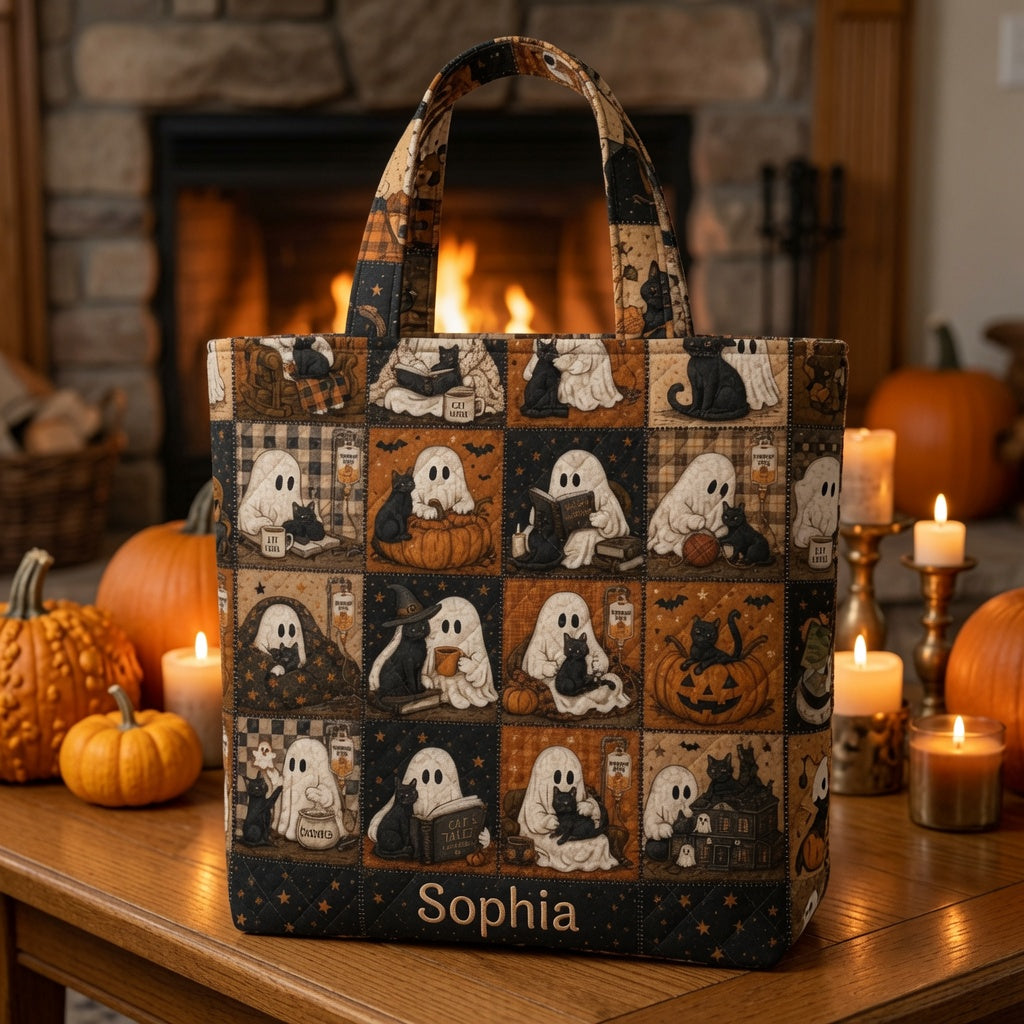 Black Cat Halloween Cute Ghost - Personalized Quilted Tote Bag - NSK10089
