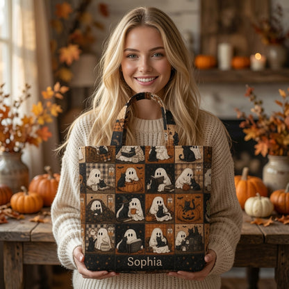 Black Cat Halloween Cute Ghost - Personalized Quilted Tote Bag - NSK10089