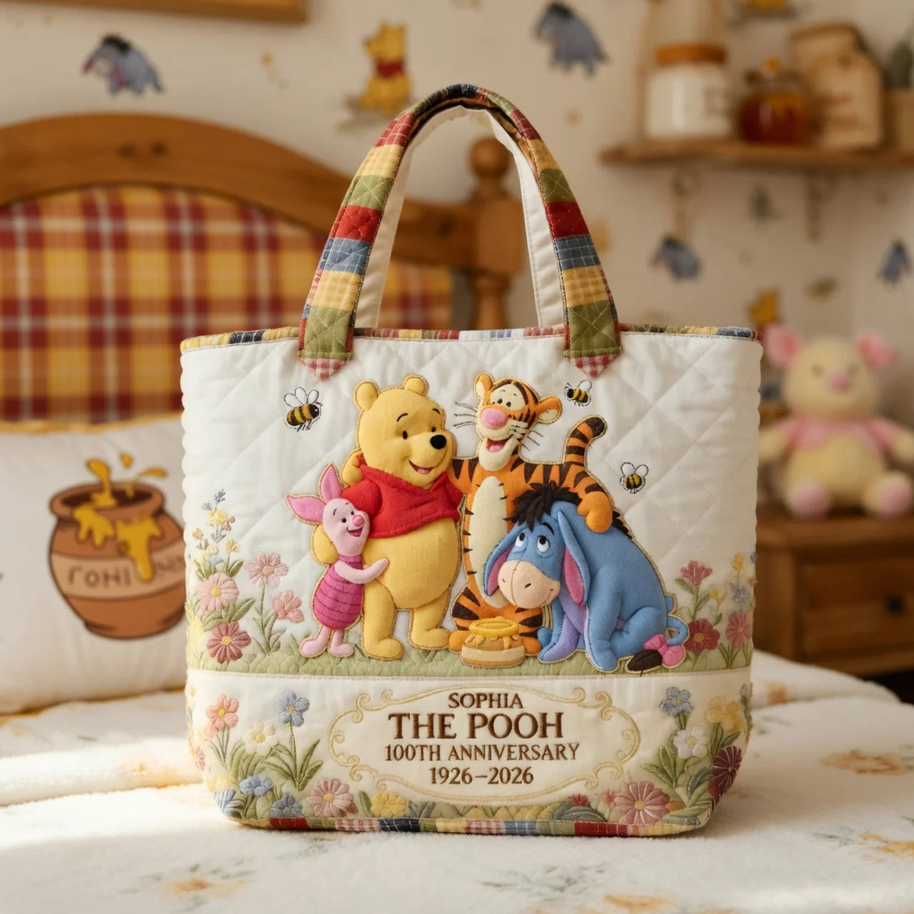 Honey Bear Celebrate Our 100th Anniversary - Personalized Quilted Tote Bag - NSK10008