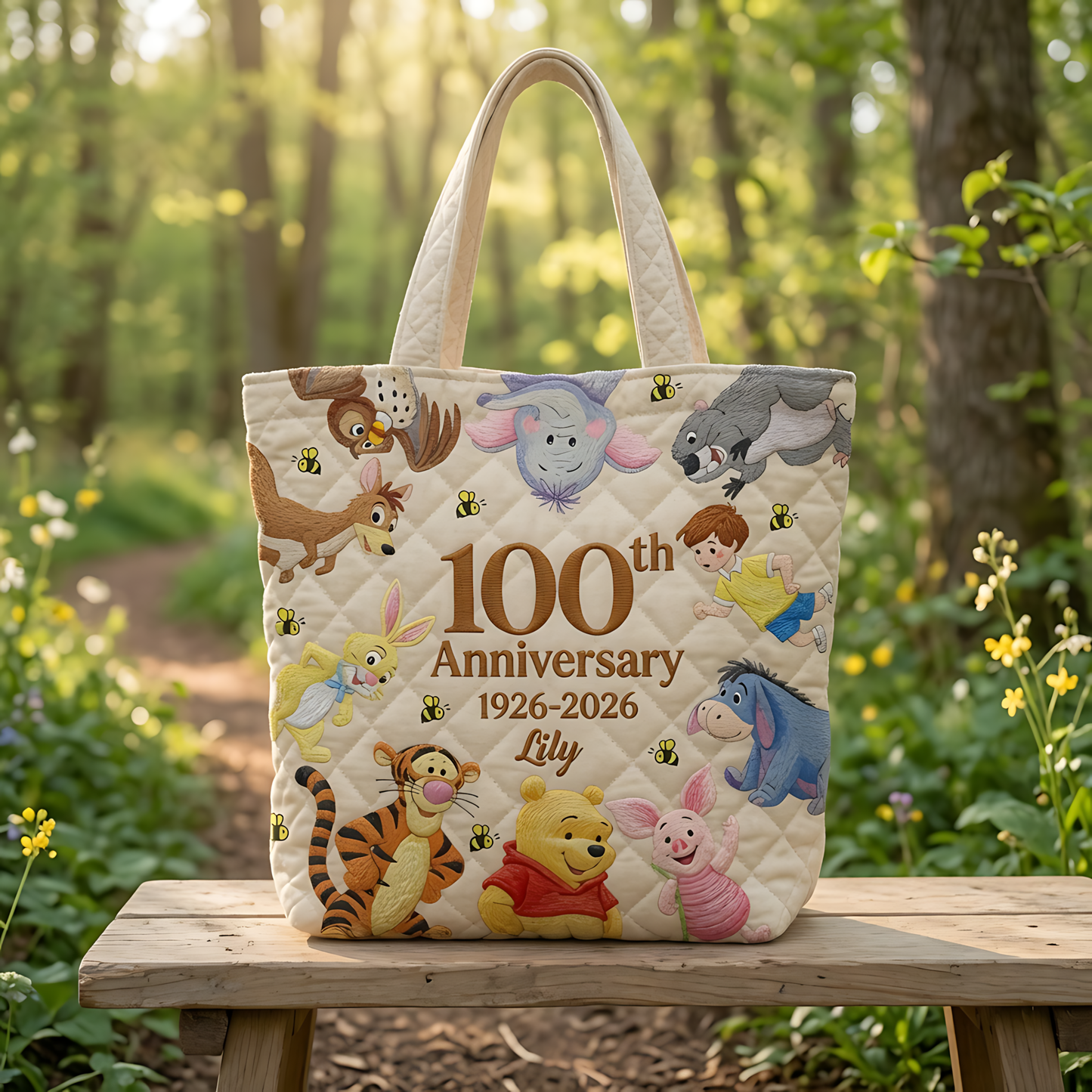 100th Anniversary Funny Time With Honey Friends - Personalized Quilted Tote Bag - NSK10044