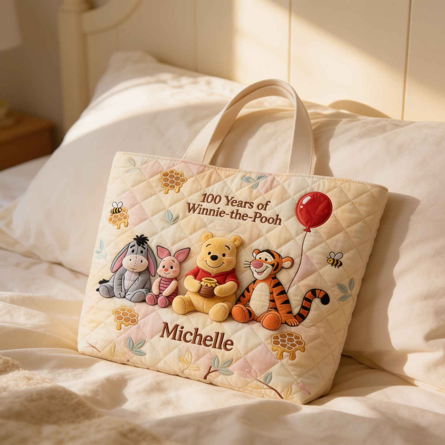 100th Anniversary Honey Bear Celebrates With Cute Friends - Personalized Quilted Tote Bag - NSK10110