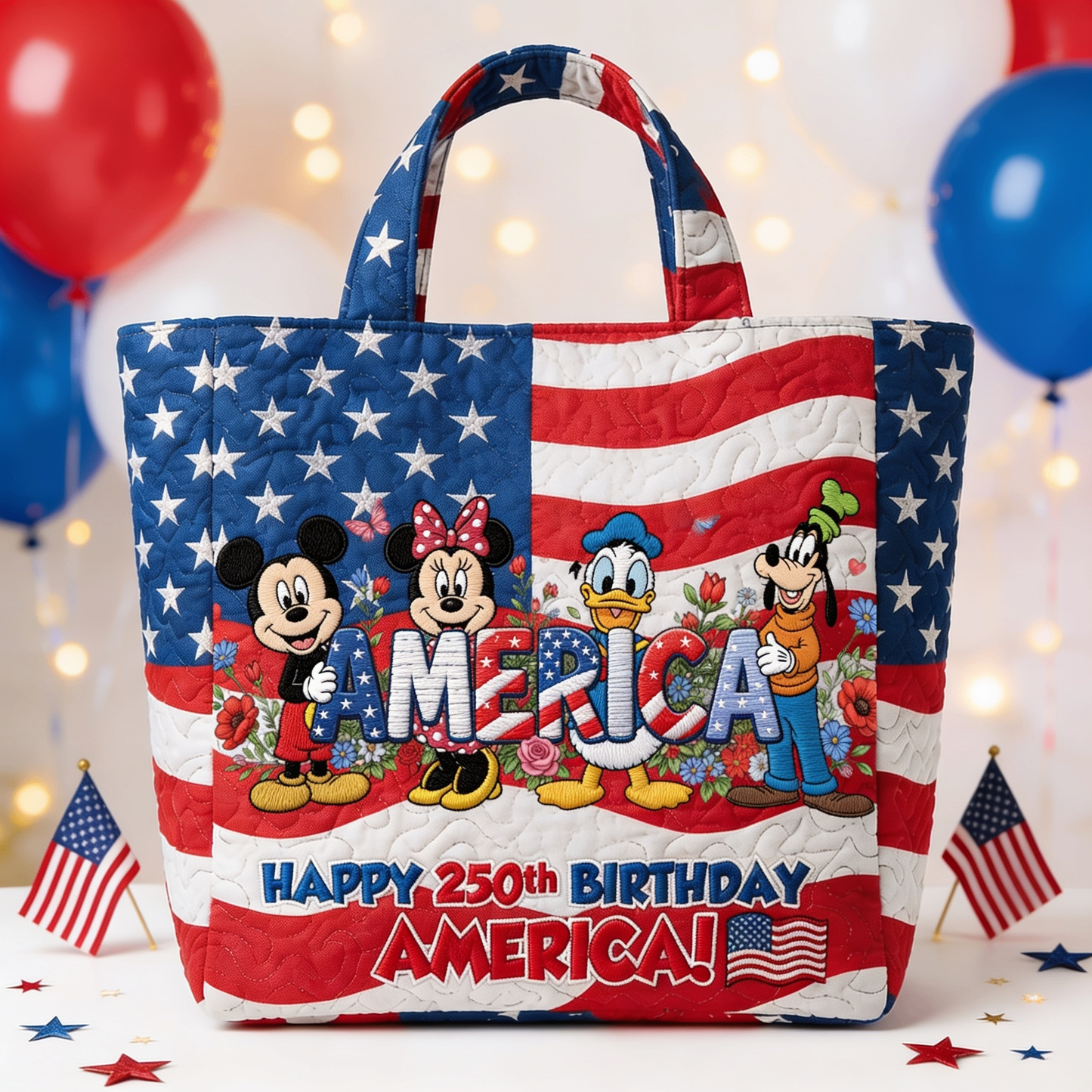 250th Anniversary USA Freedom With Magical Mouse And Friends - Personalized Quilted Tote Bag - NSK10033