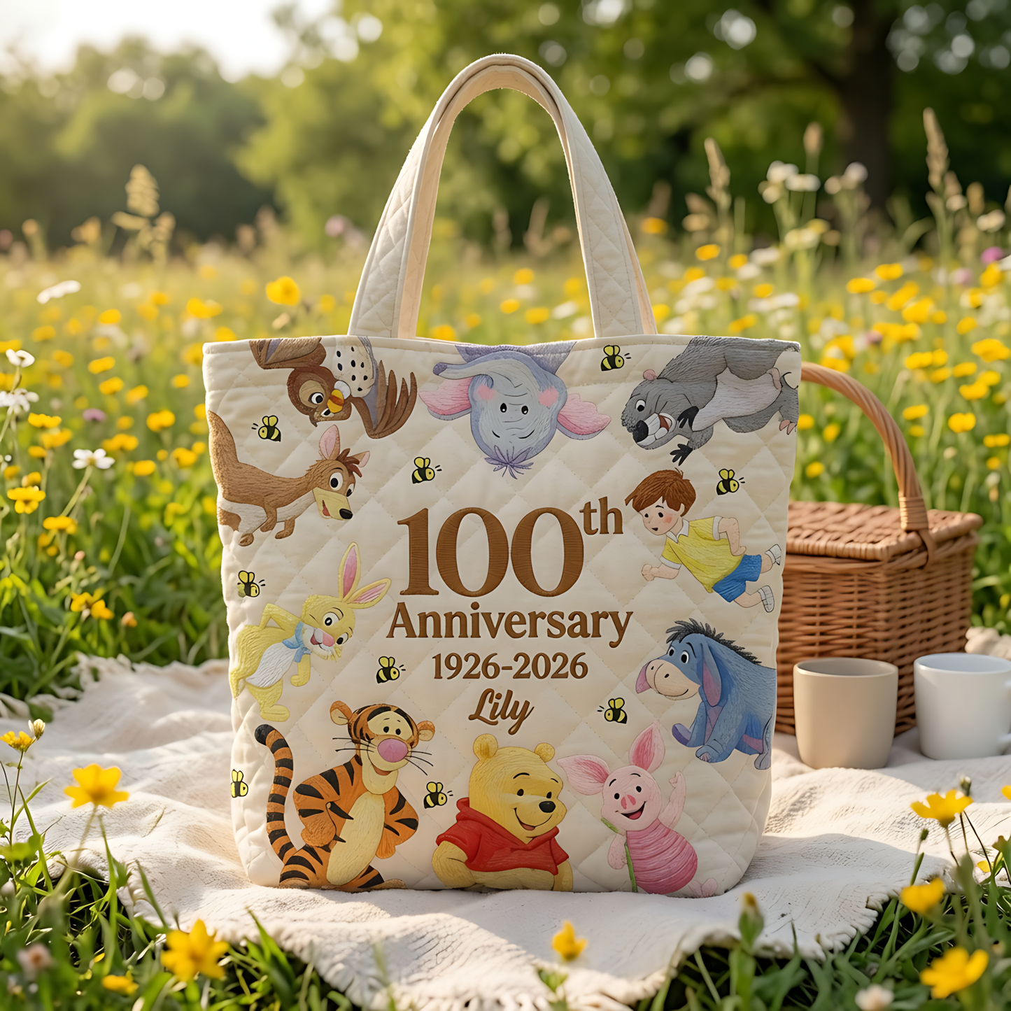 100th Anniversary Funny Time With Honey Friends - Personalized Quilted Tote Bag - NSK10044