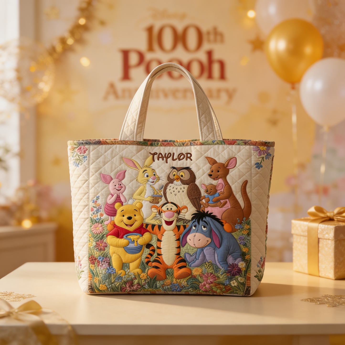 100th Anniversary Honey Bear & Forest Friends - Personalized Quilted Tote Bag - NSK10087