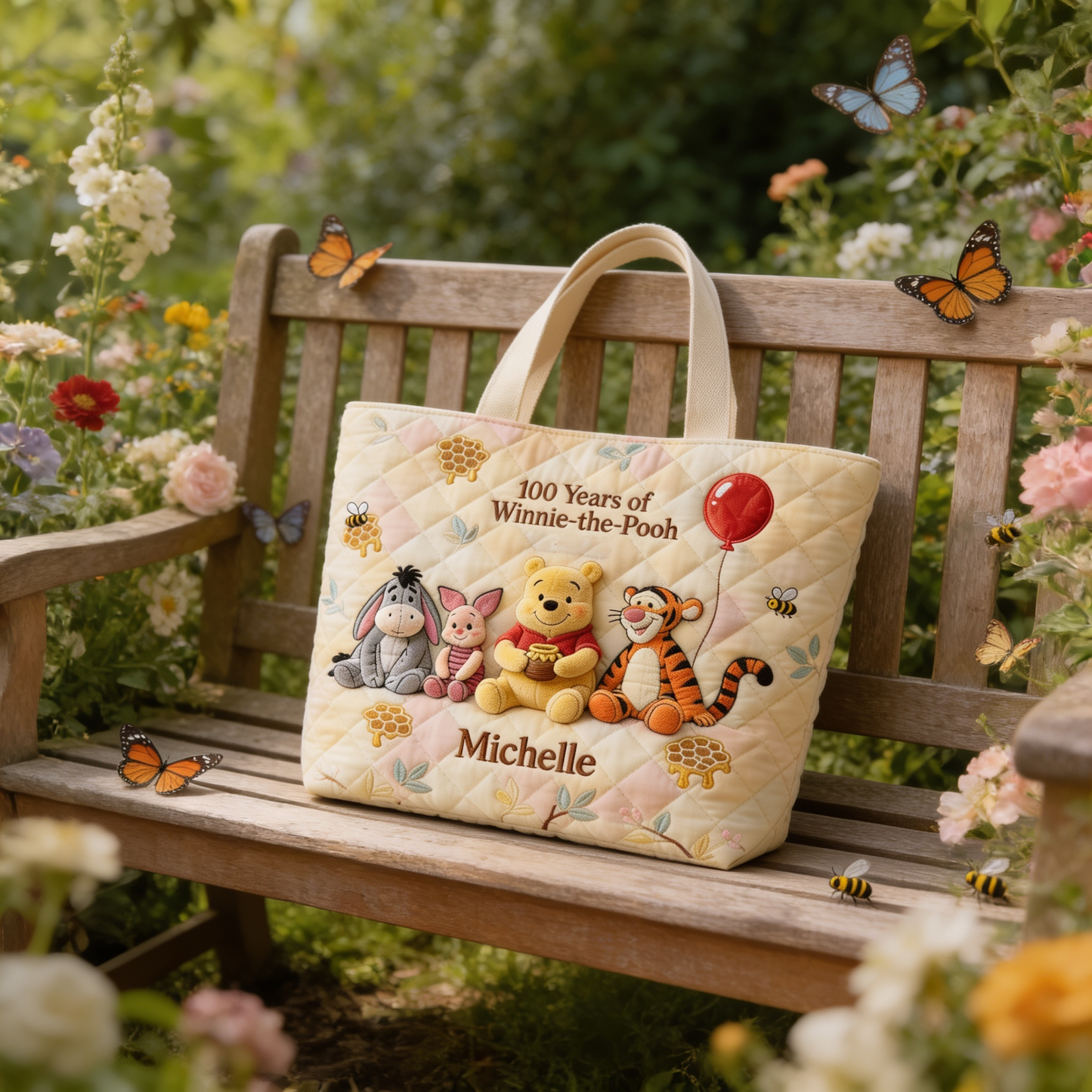 100th Anniversary Honey Bear Celebrates With Cute Friends - Personalized Quilted Tote Bag - NSK10110