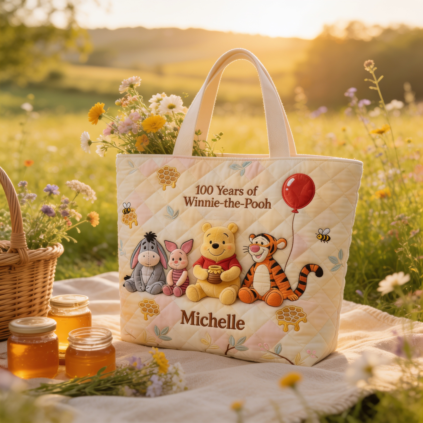 100th Anniversary Honey Bear Celebrates With Cute Friends - Personalized Quilted Tote Bag - NSK10110