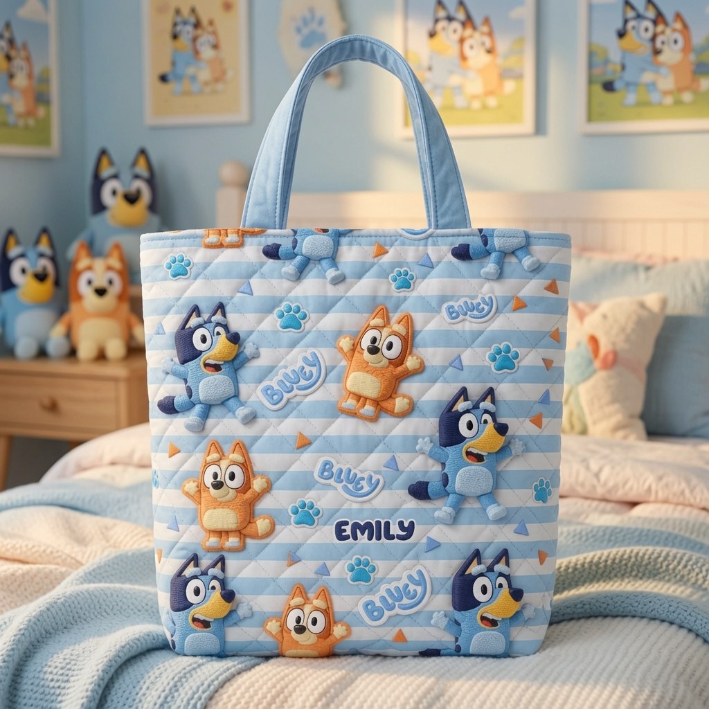 Playful Blue Pups - Personalized Quilted Tote Bag - NSK10067