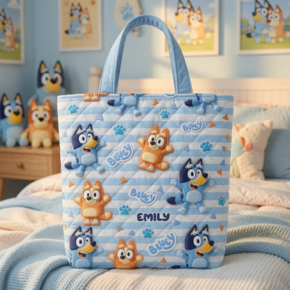 Playful Blue Pups - Personalized Quilted Tote Bag - NSK10067