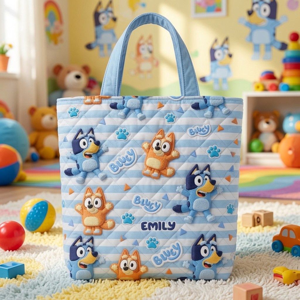 Playful Blue Pups - Personalized Quilted Tote Bag - NSK10067