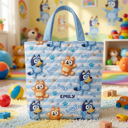 Playful Blue Pups - Personalized Quilted Tote Bag - NSK10067