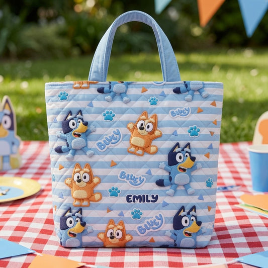 Playful Blue Pups - Personalized Quilted Tote Bag - NSK10067