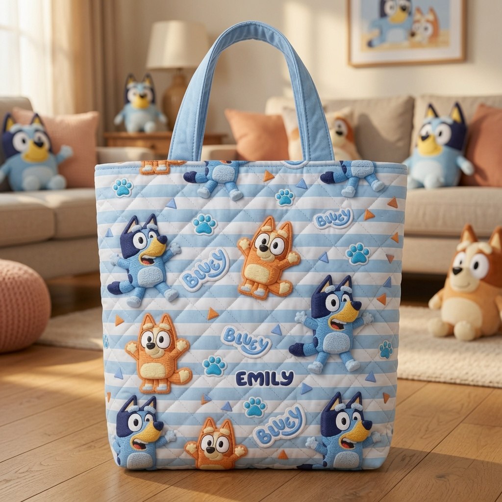 Playful Blue Pups - Personalized Quilted Tote Bag - NSK10067