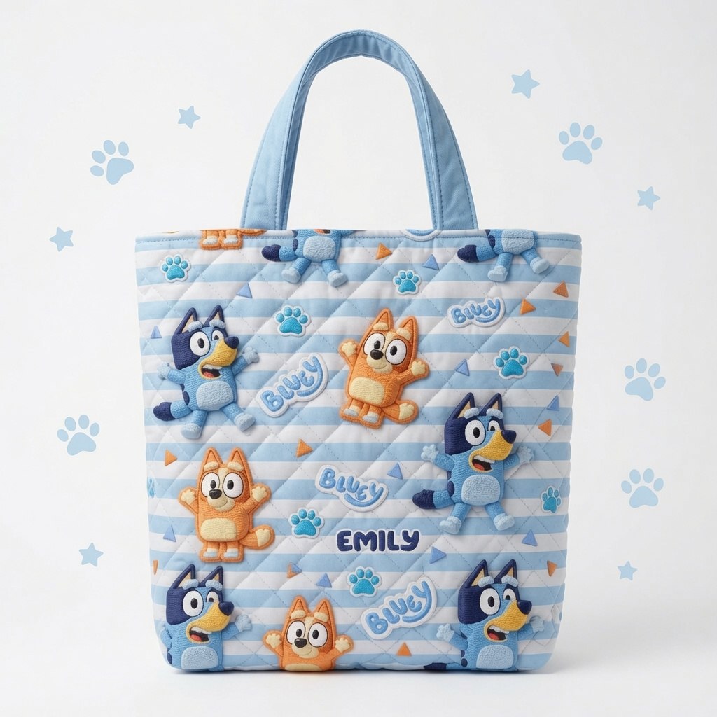 Playful Blue Pups - Personalized Quilted Tote Bag - NSK10067
