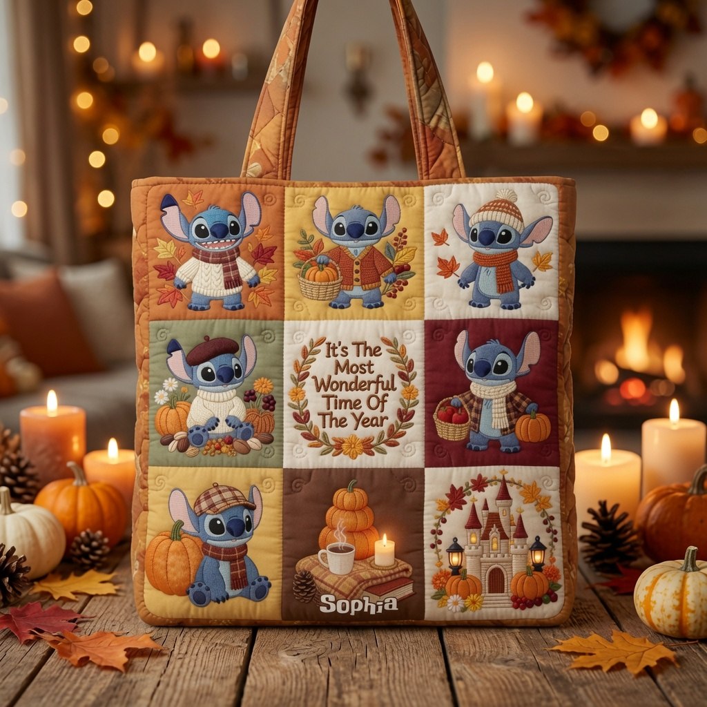 Cozy Fall Blue Ohana - Personalized Quilted Tote Bag - NSK10072