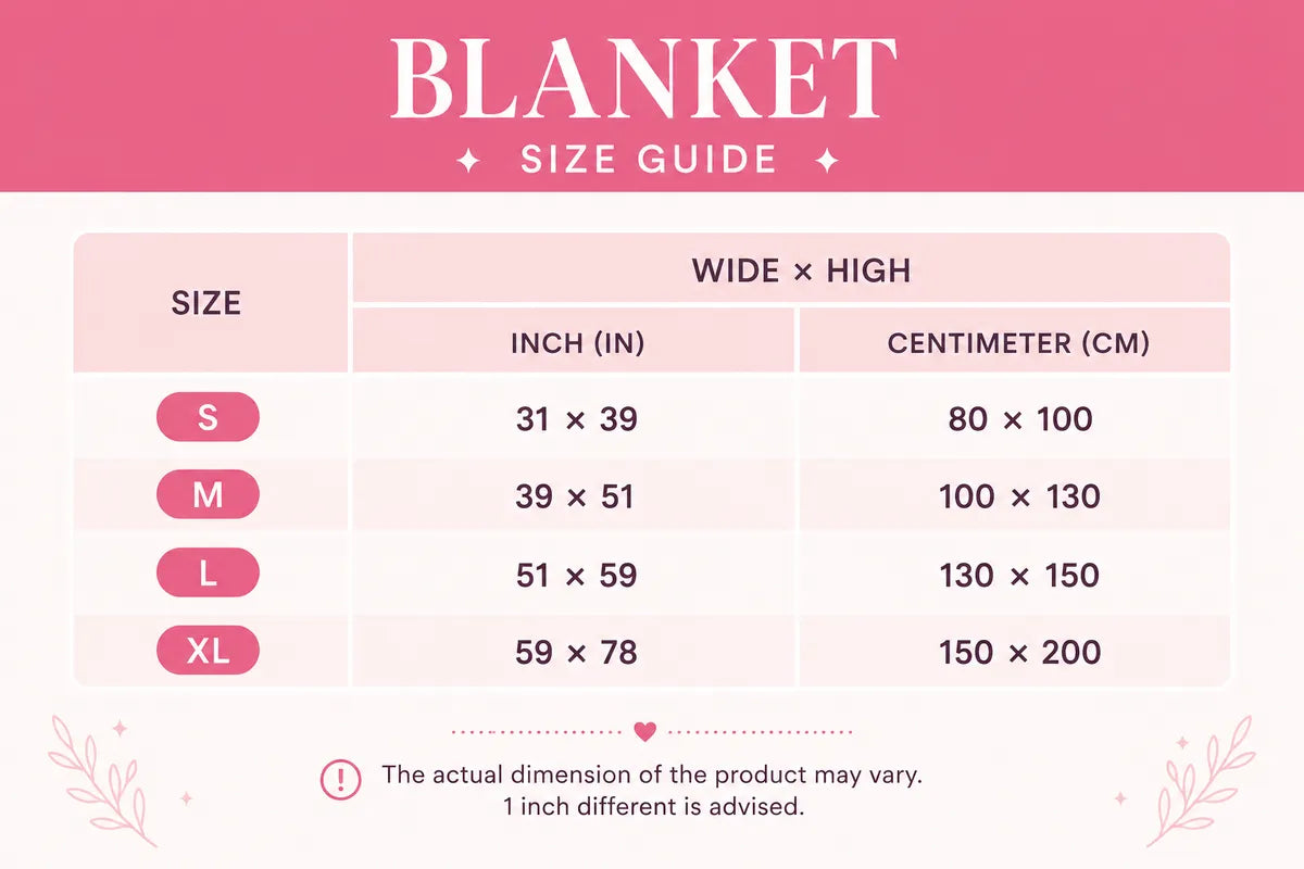 MinniePrints blanket size guide — S M L XL dimensions in inches and centimetres