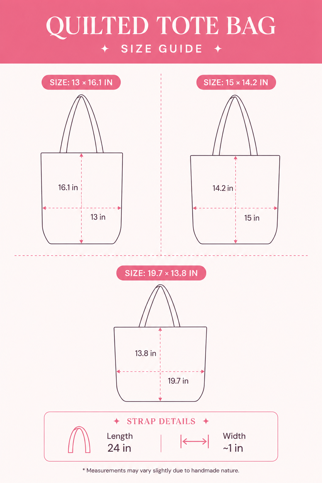 Quilted Tote Bag size guide — available sizes and strap details